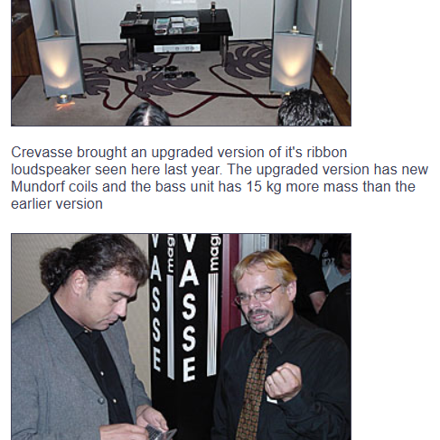 Crevasse kaiuttimet Helsinki Cinema & Sound Messuilla 2005
https://www.highendnews.info/events/Helsinki_AudioVision2005_1.htm